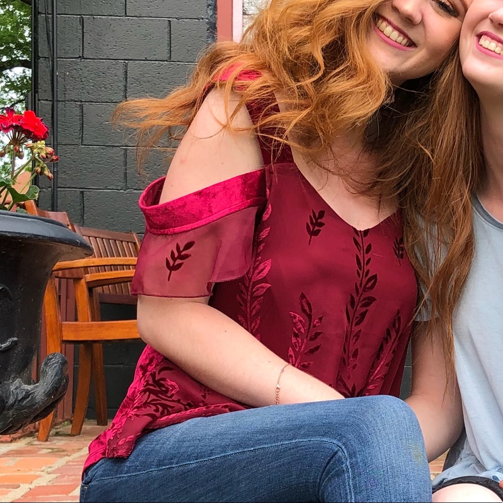 francesca’s super cute red off-the-shoulder top